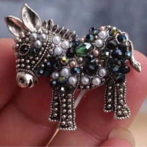 Fashion Jewelry Donkey Brooch with Black, White, Green, and Silver Accents